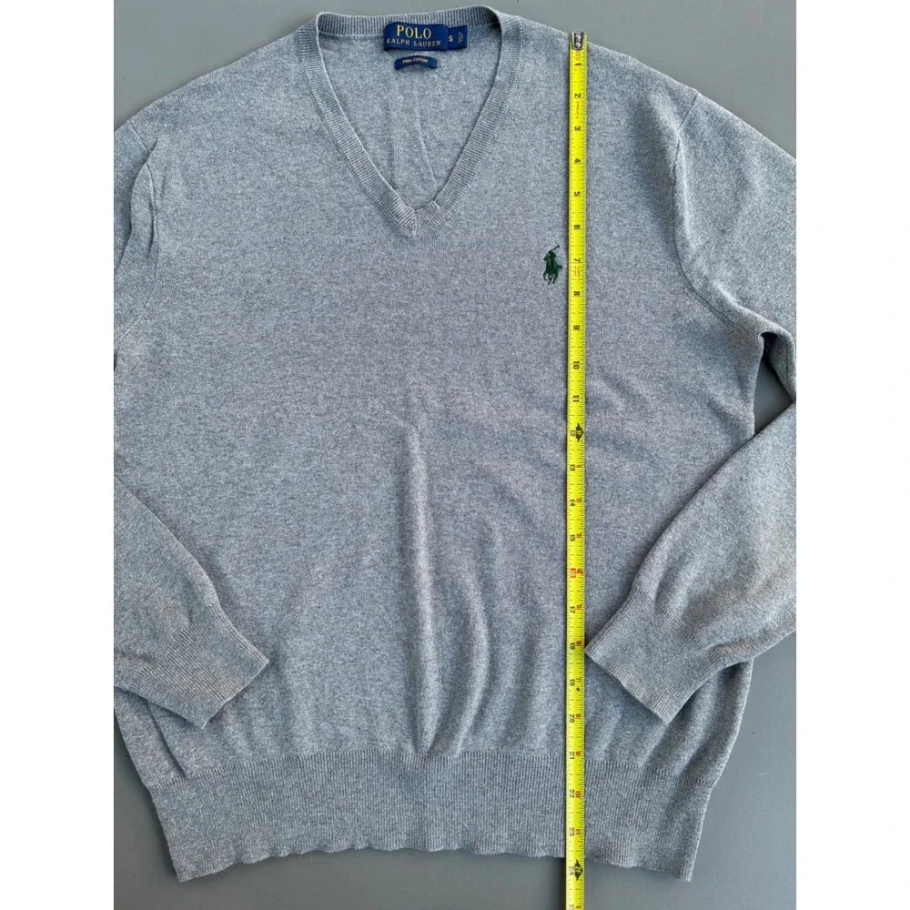 Polo Ralph Lauren Mens Gray Pima Cotton V-Neck Sweater Small Green Pony Logo